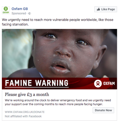 Oxfam GB Facebook ad with regular donation ask