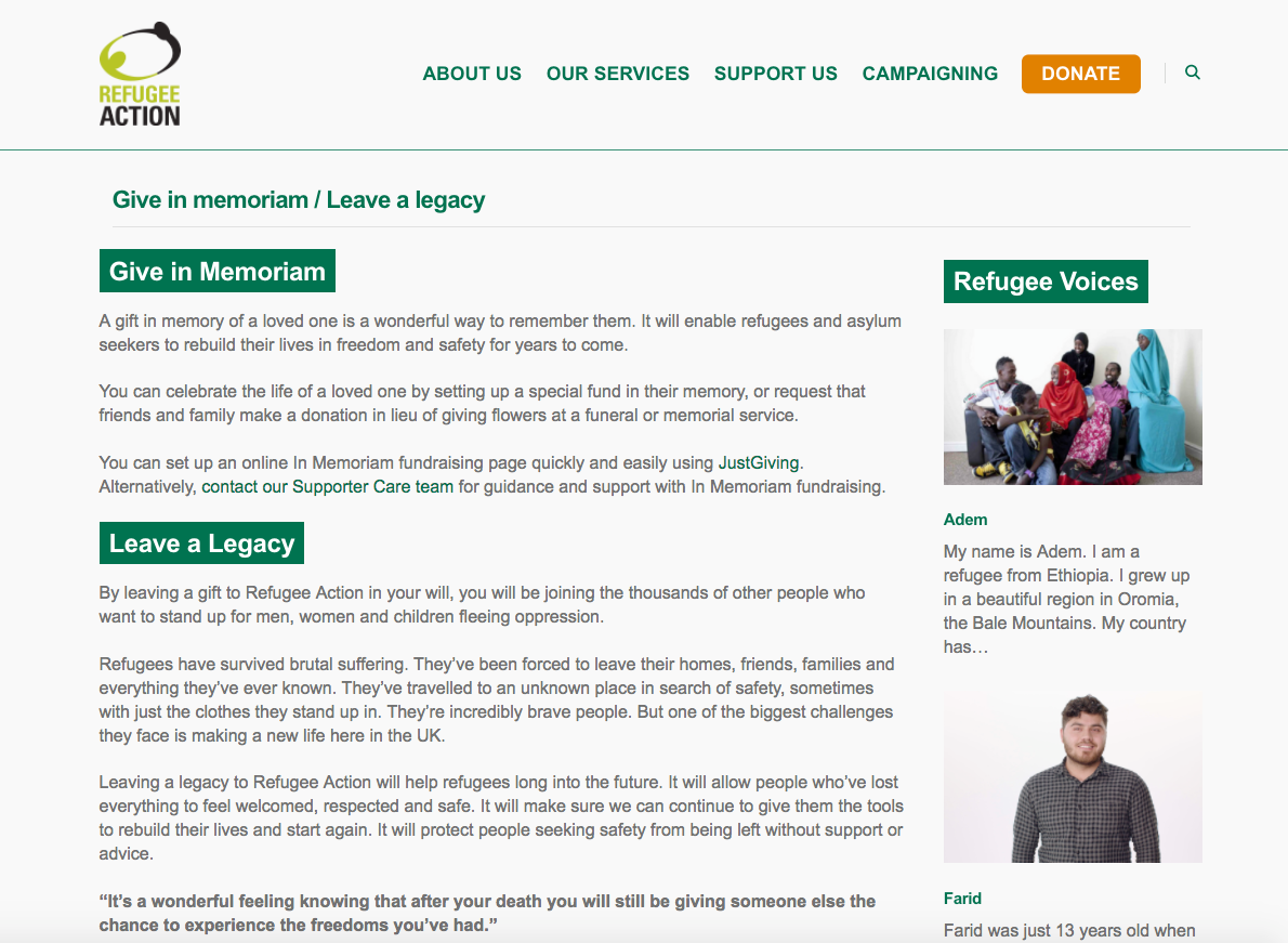 Refugee Action legacy fundraising webpage