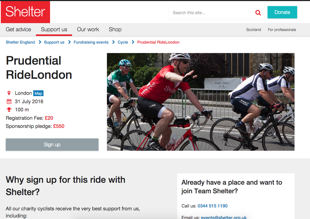 Shelter's sign up page for Ride London