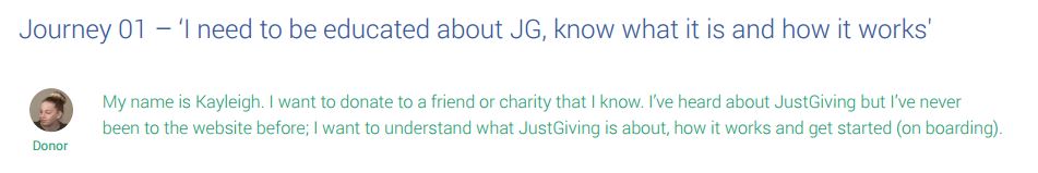 Picture of a girl and a sentence reading "My name is Kayleigh. I want to donate to a friend or charity that I know. I've heard about JustGiving but I've never been to the website before"