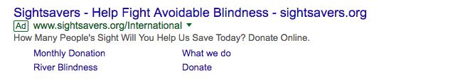 Sightsavers 'donate now' Google ad