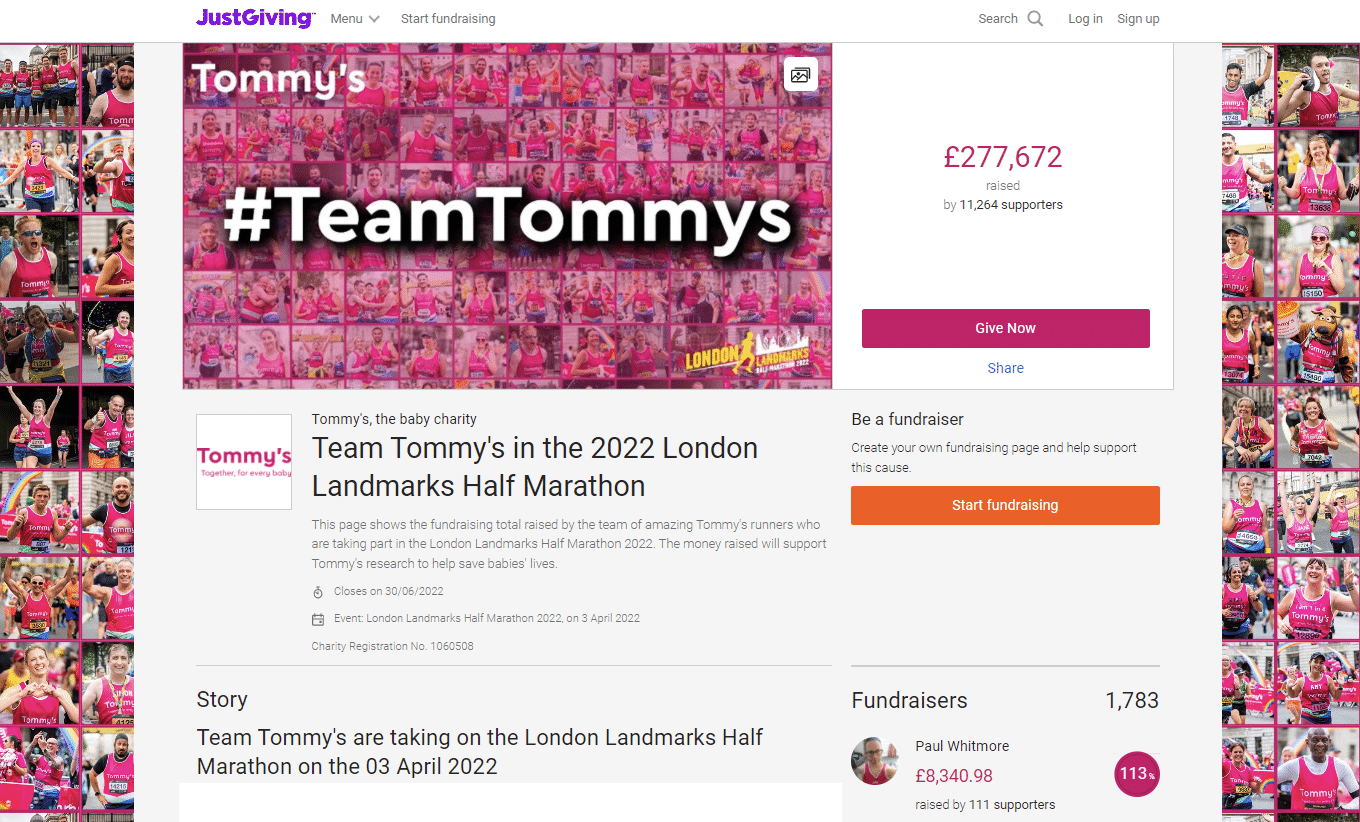 Image of the Team Tommy's Campaign Page on JustGiving