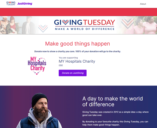 An example charity donation page on the Giving Tuesday donations portal