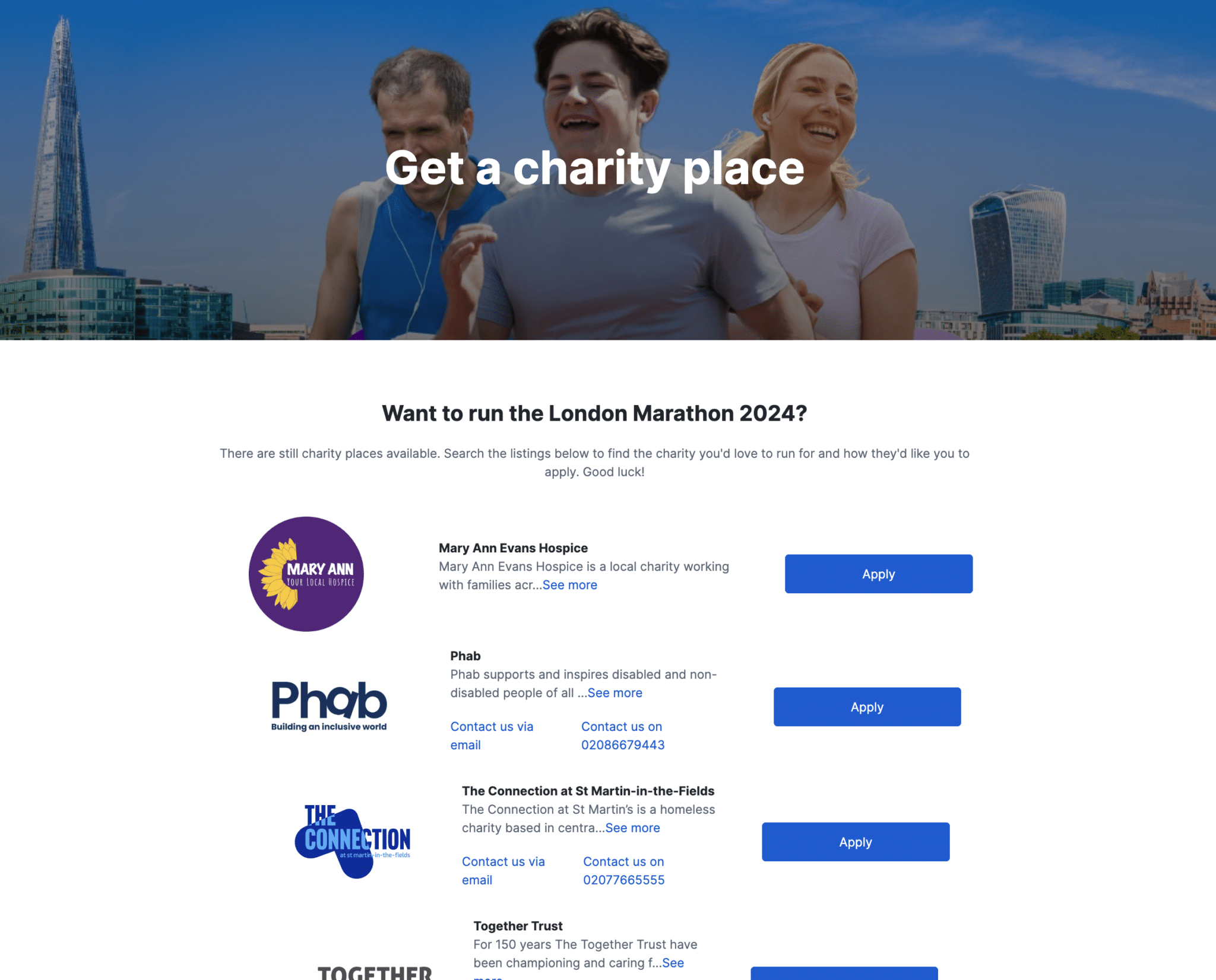 Screenshot of JustGiving's London Marathon Charity Place Portal