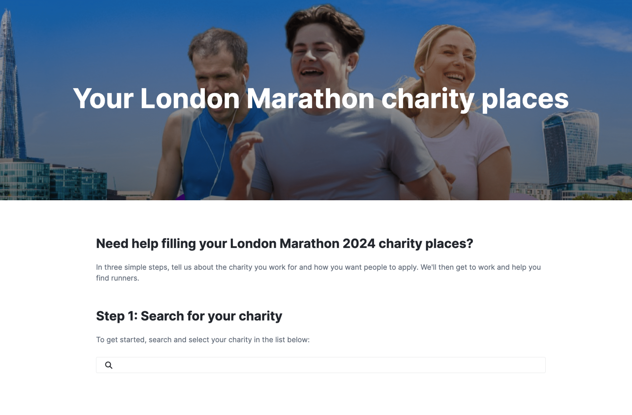 Screenshot of JustGiving's London Marathon Charity Place Portal search area