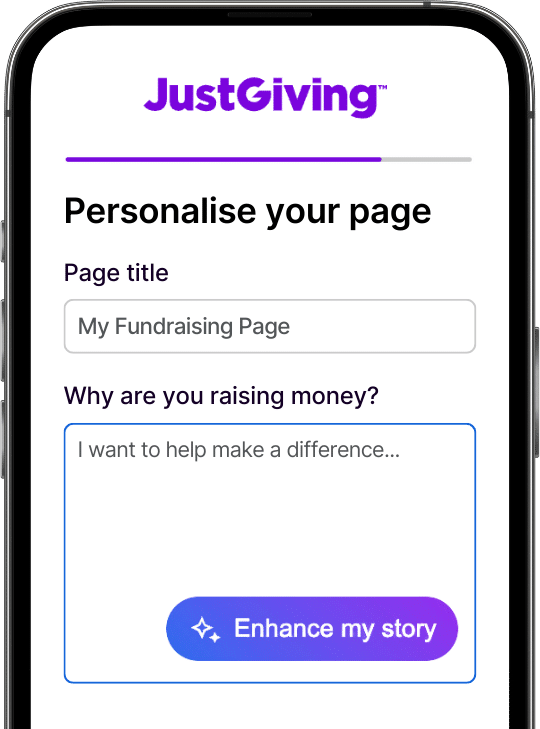 A phone showing the Personalise your page interface and Enhance my story button of JustGiving Story Enhancer.