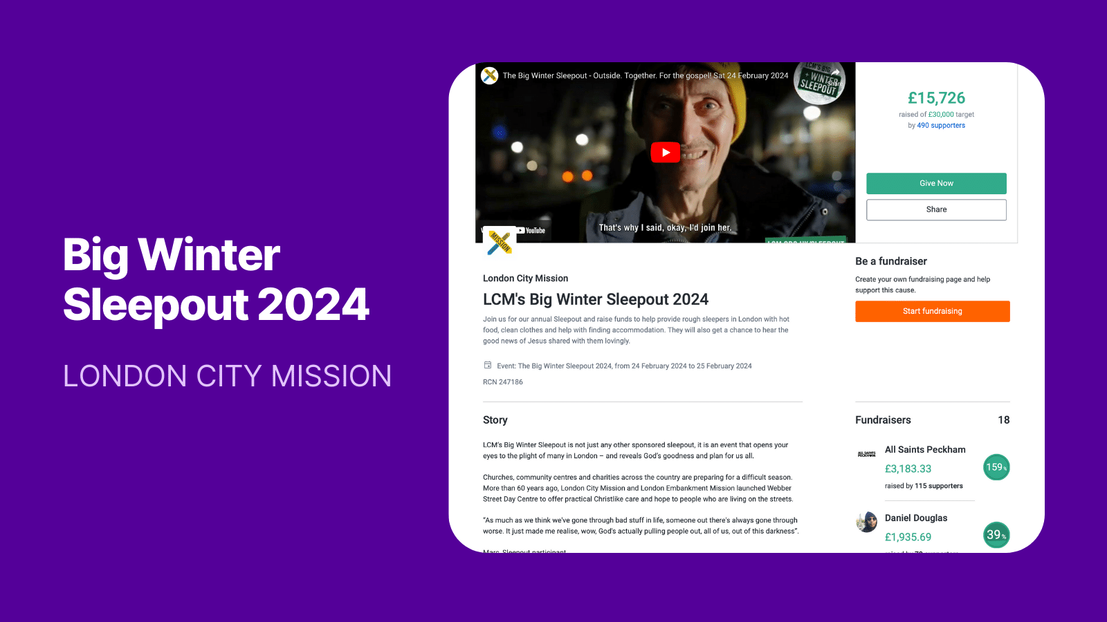 Image showing a screenshot of London City Mission's Big Winter Sleepout Campaign Page, including a cover video, a fundraising totaliser, and a story about the the campaign and the charities they supported