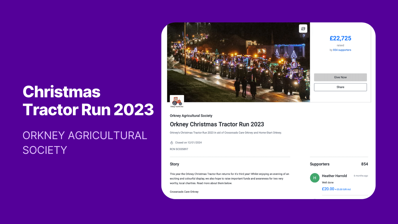 Image showing a screenshot of Orkney Agricultural Society's Christmas Tractor Run Campaign Page, including a cover image featuring a parade of tractors covered with Christmas lights, a fundraising totaliser, and a story about the the campaign and the charities they supported