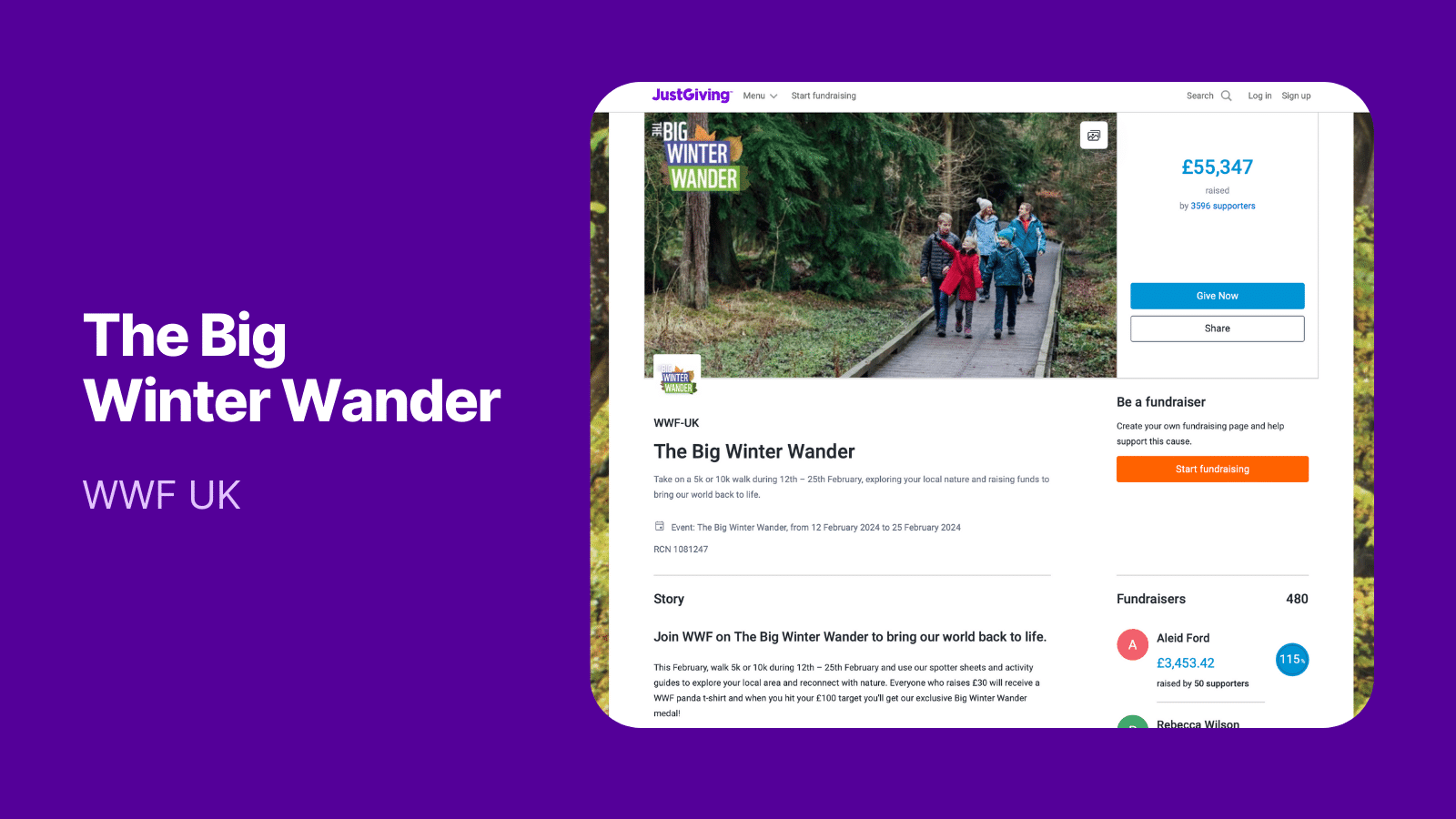 Imagem mostrando uma captura de tela da página da campanha JustGiving Big Winter Wander do WWF UK, incluindo uma imagem de capa, totalizador de arrecadação de fundos e história sobre a instituição de caridade e a campanha