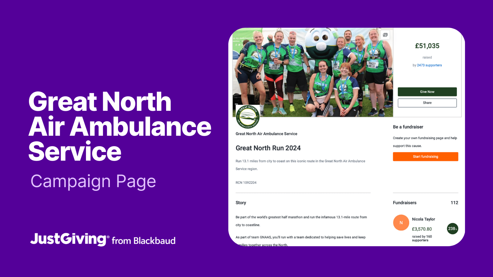 Imagem que mostra a página da campanha JustGiving Great North Run 2024 da instituição de caridade Great North Air Ambulance Service