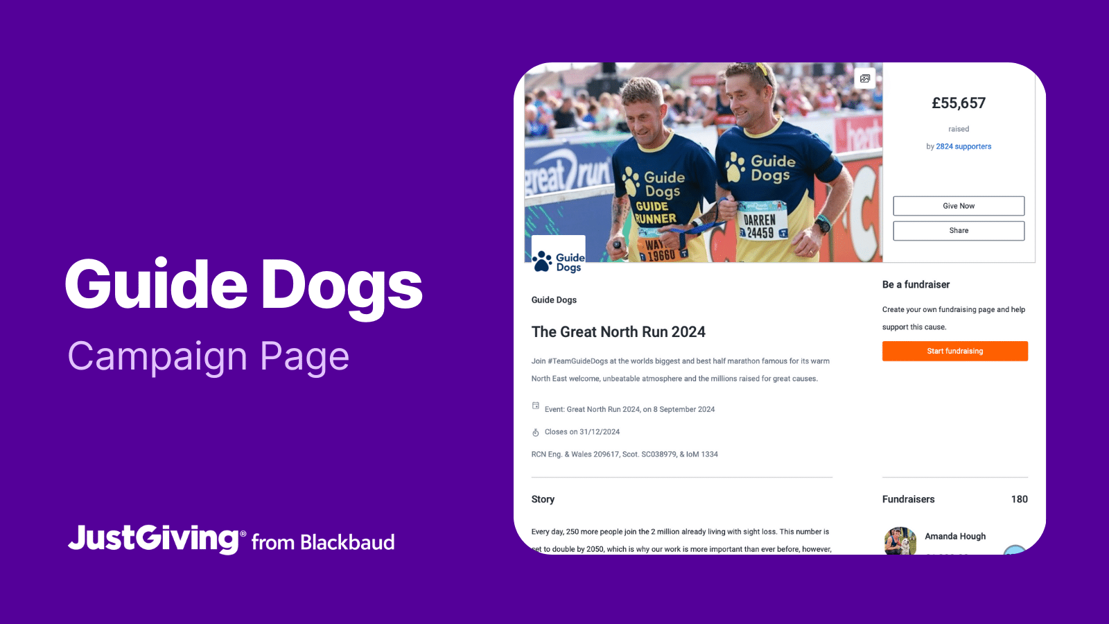 Imagem que mostra a página da campanha JustGiving da instituição de caridade Guide Dogs Great North Run 2024