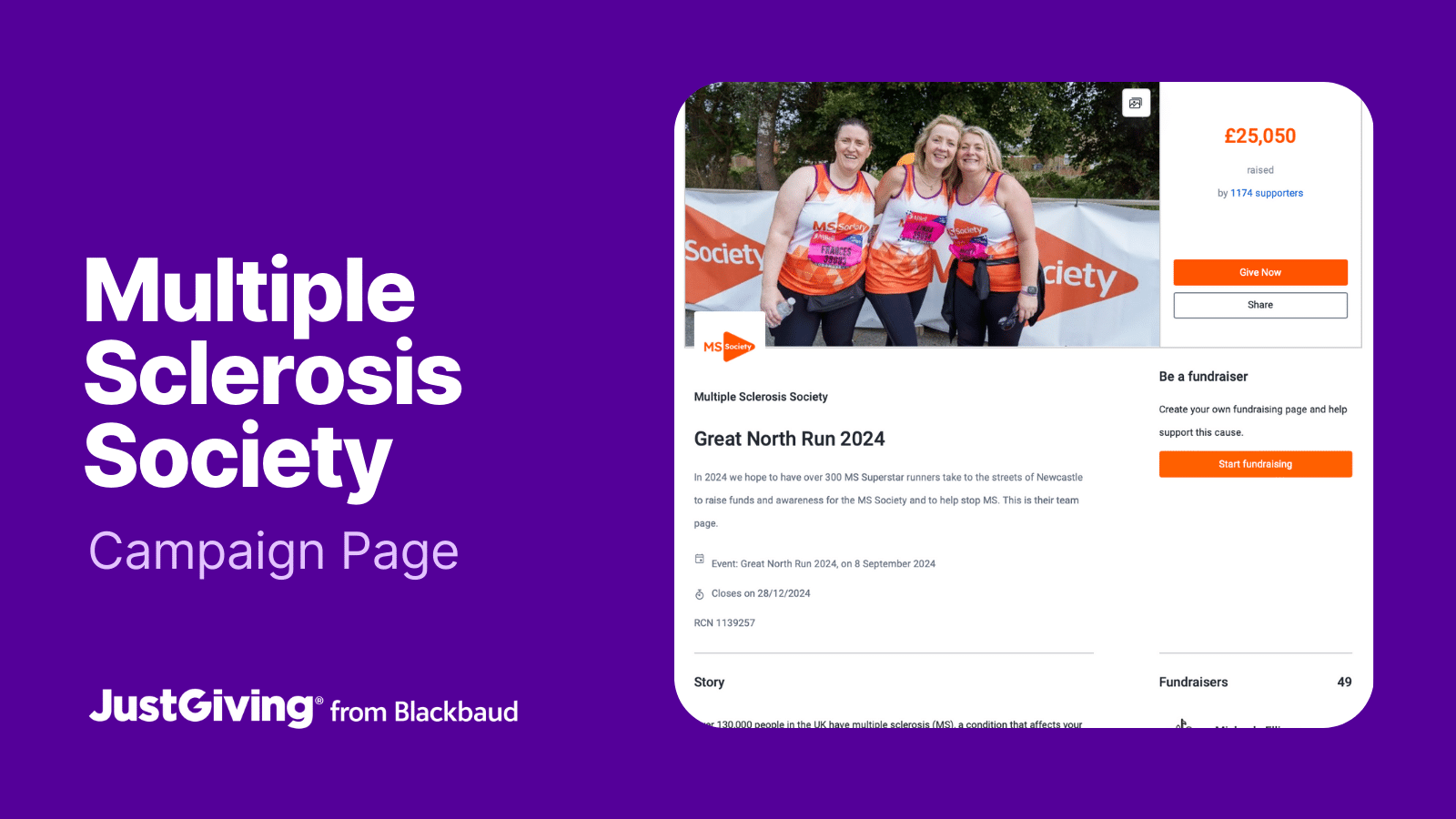 Imagem que mostra a página da campanha JustGiving da instituição de caridade Multiple Sclerosis Society, Great North Run 2024