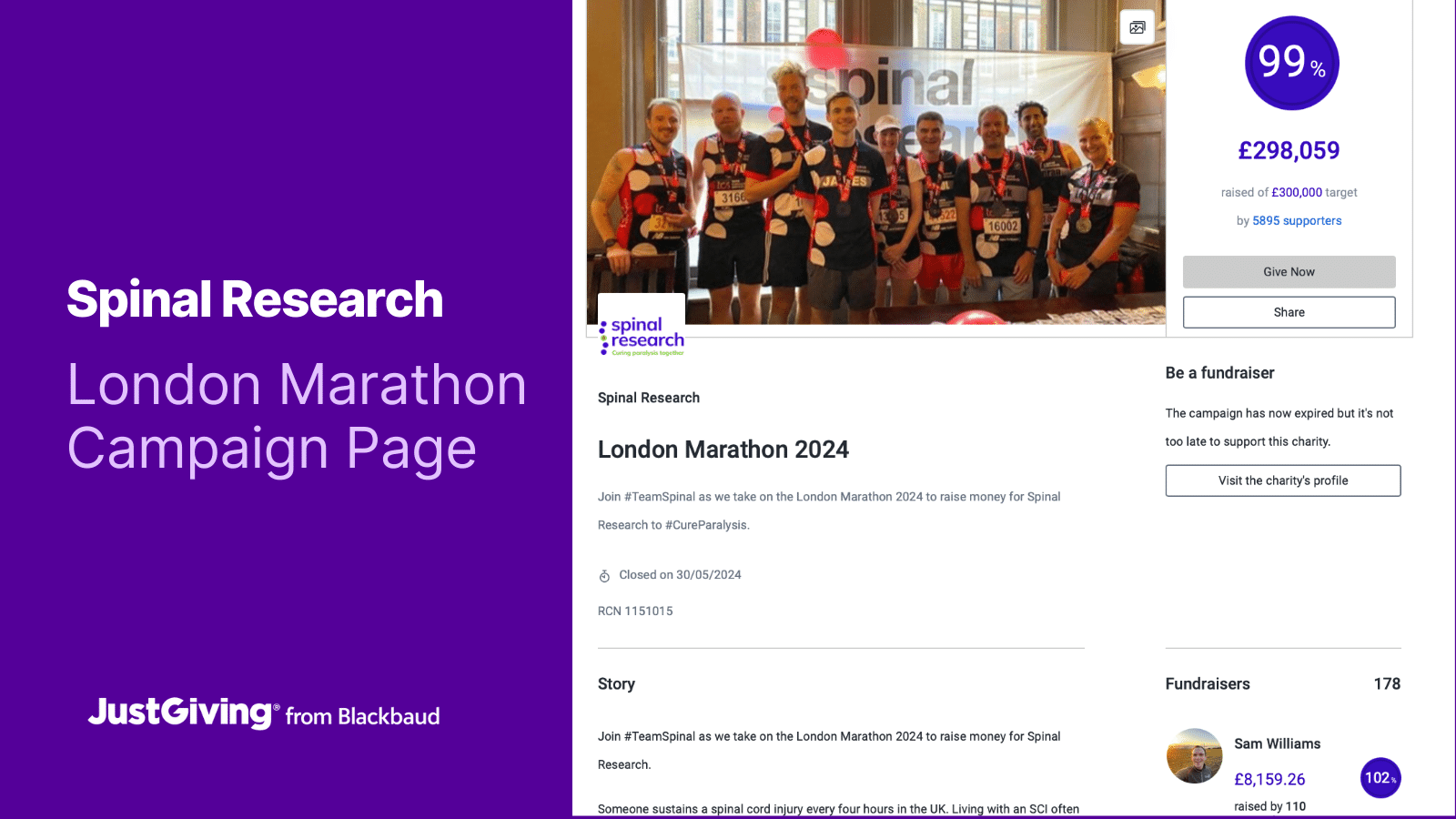 A screenshot of the Spinal Research London Marathon 2024 JustGiving Campaign Page, showing £298,059 raised by 5895 supporters and 178 fundraisers.