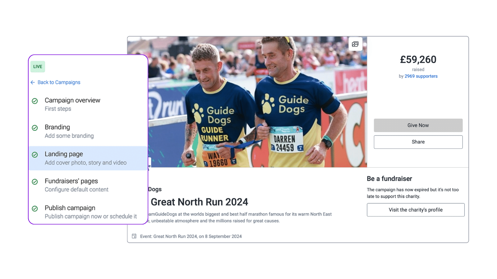 Stylised screenshot showing Guide Dogs' JustGiving Campaign Page that raised over £59,000 in Great North Run 2024, plus the JustGiving charity admin panel. The header image features two runners wearing Guide Dogs shirts during the race.