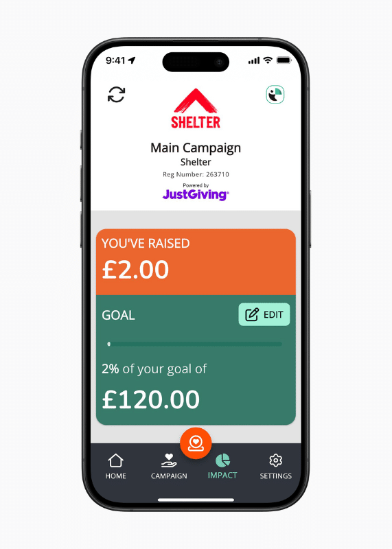 Image of the Toucan Collect app showing a charity's campaign goal and fundraising progress.