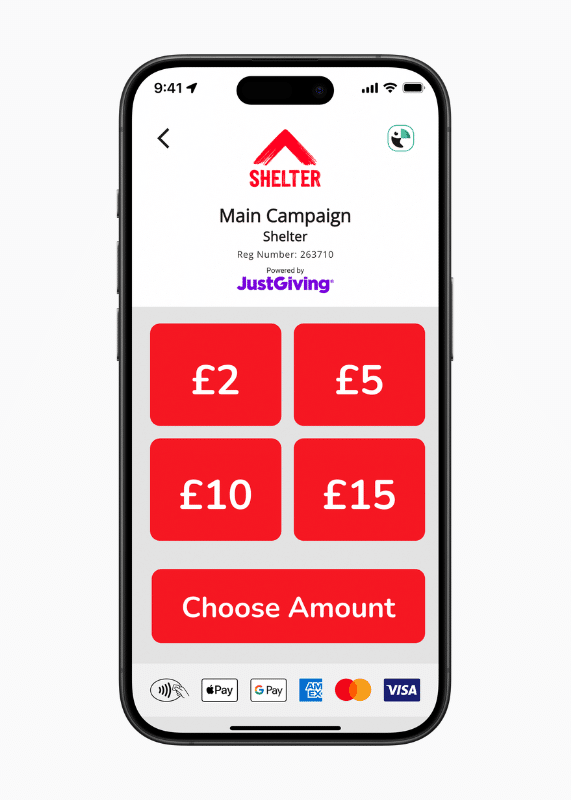 Image of the Toucan Collect app with a donation amount selection screen, showing the options for donors to choose from pre-set donation amounts or choose their own.