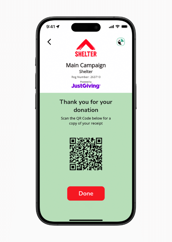 Image of the Toucan Collect app with a "Thank you for your donation" screen following a donation, with the option for the donor to scan a QR code to get their receipt.