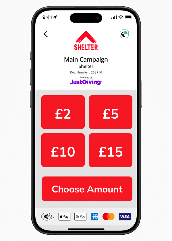 Smartphone showing a screenshot of the Toucan Collect mobile app. The screen shows pre-set donation options of £2, £5, £10, £15, and "choose amount."
