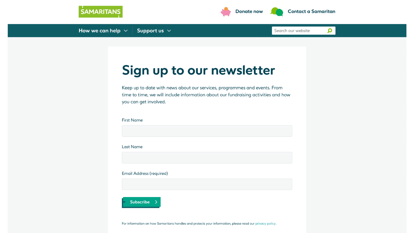 Image of a "Sign up to our newsletter" form on the Samaritans charity website, featuring a simple form detailing what people get once they subscribe.