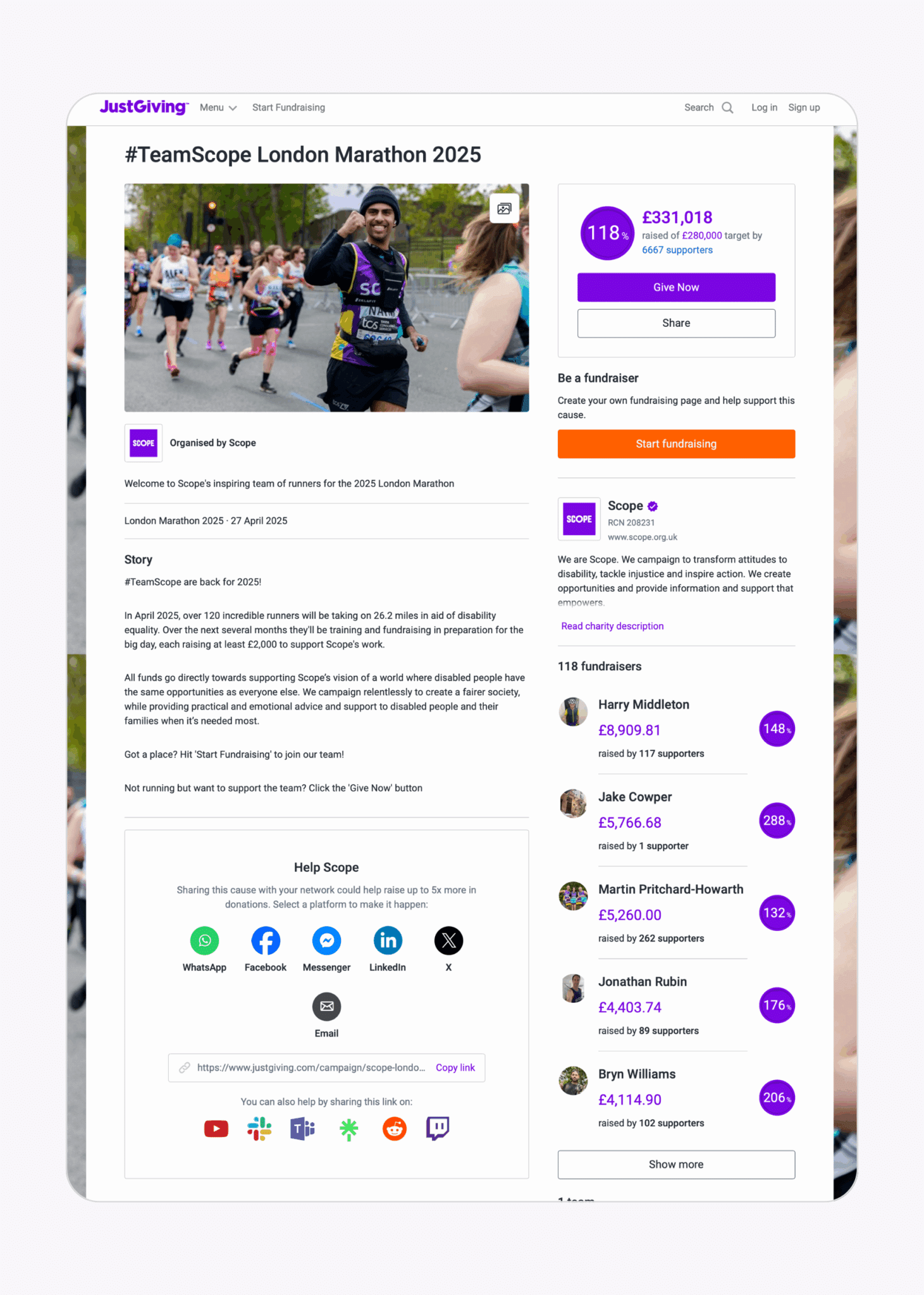 An image of Scope's JustGiving Campaign Page for London Marathon 2025, featuring an engaging cover photo with a close-up of one of their fundraisers, a page totaliser reading £331,018, 118% of their target reached, a descriptive Story section, and a list of their top fundraisers.