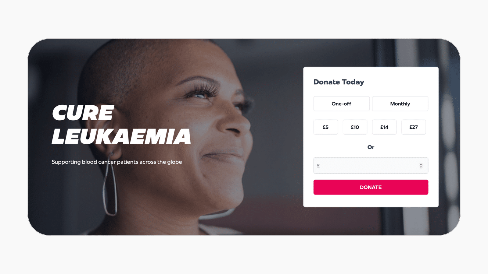 Screen shot of Cure Leukaemia's donate area, featuring a simple donation form with options for one-off or monthly donations, donation amount, and a donate button.