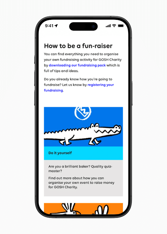 Screen shot of GOSH Charity's How to be a Fundraiser page, which is optimised for mobile devices.