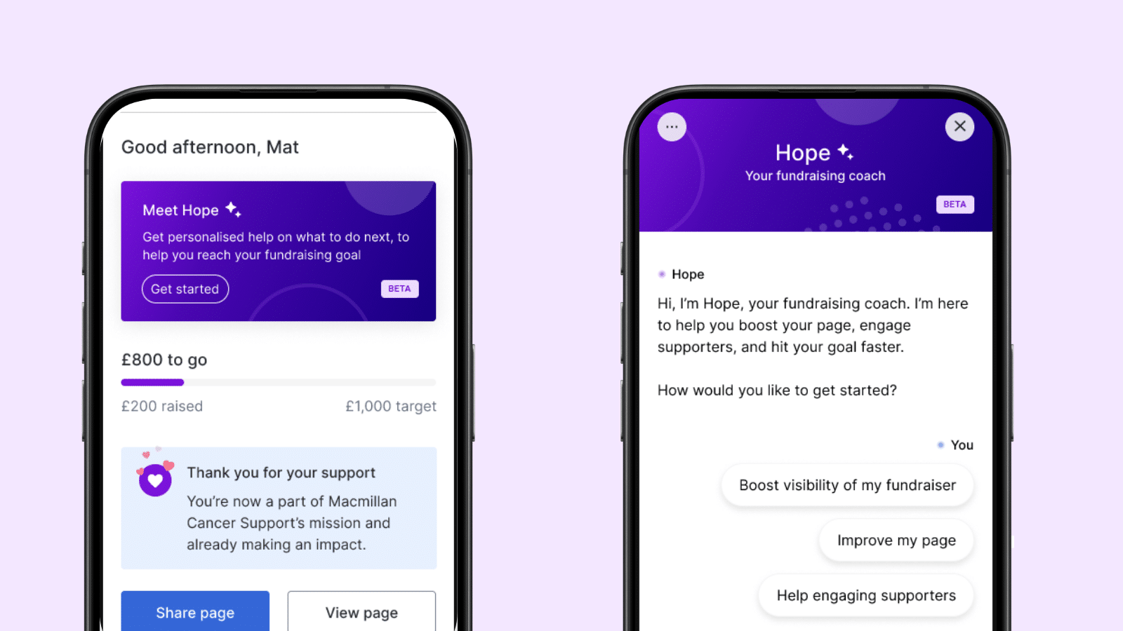 Two smartphones showing screenshots of Hope, JustGiving's new AI powered fundraising coach. 