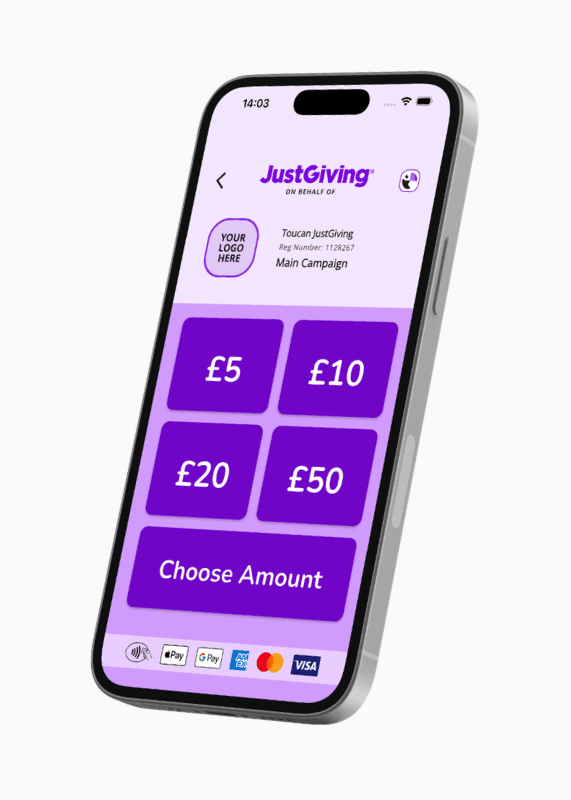 A picture of a smartphone ready to accept a contactless donation showing 4 donation amounts and a choose amount button.