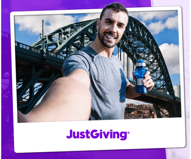 Happy looking Great North Run participant with the JustGiving logo.